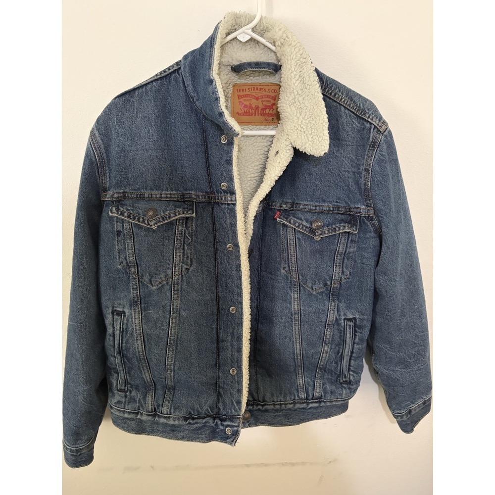 LEVIS Mens Small Sherpa Jacket Denim Jean Trucker Jacket Light Blue